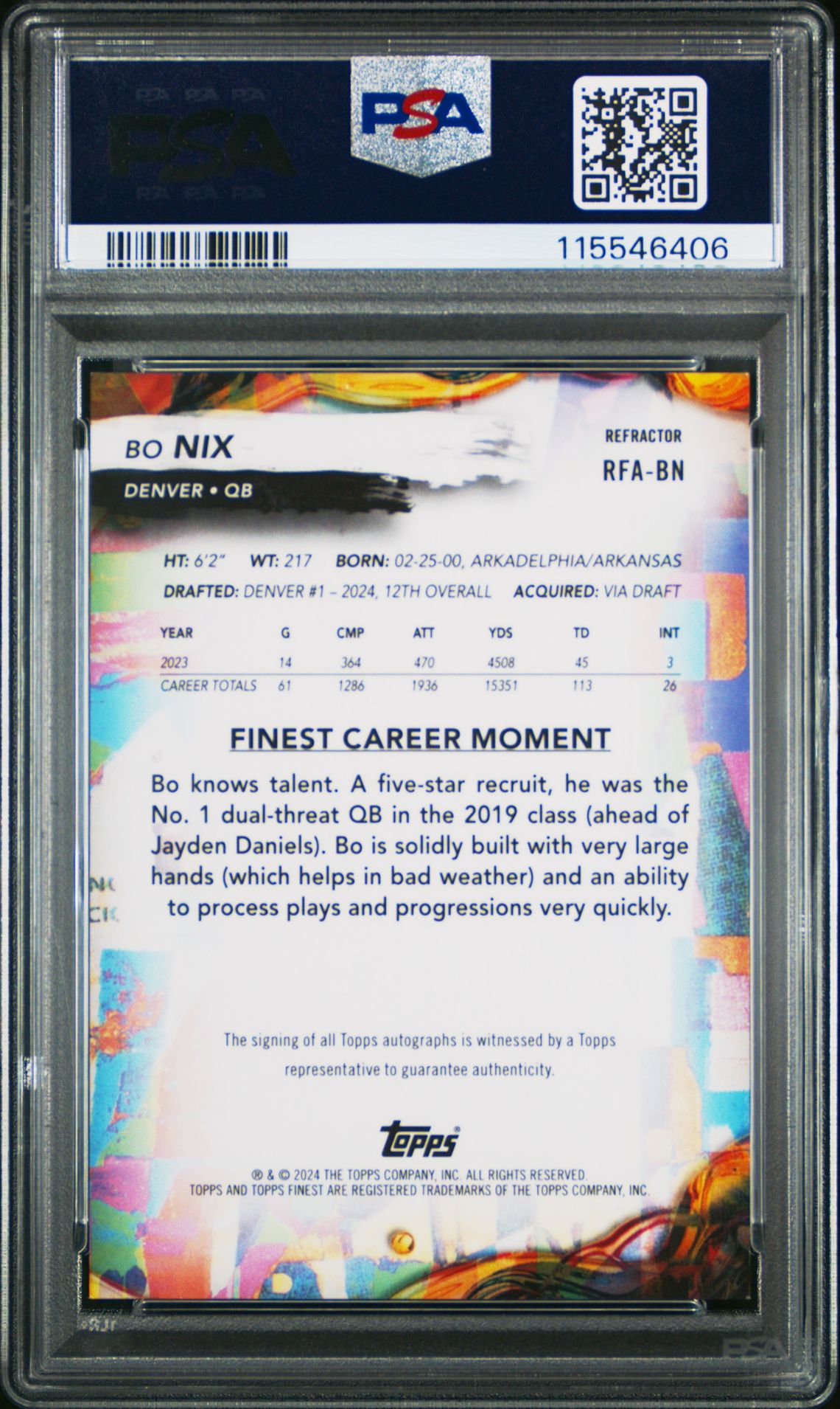 2024 Topps Finest Rookie Finest Autographs Bo Nix #Rfabn (Rookie Finest Au-Refractor) Gem Mt 10 back