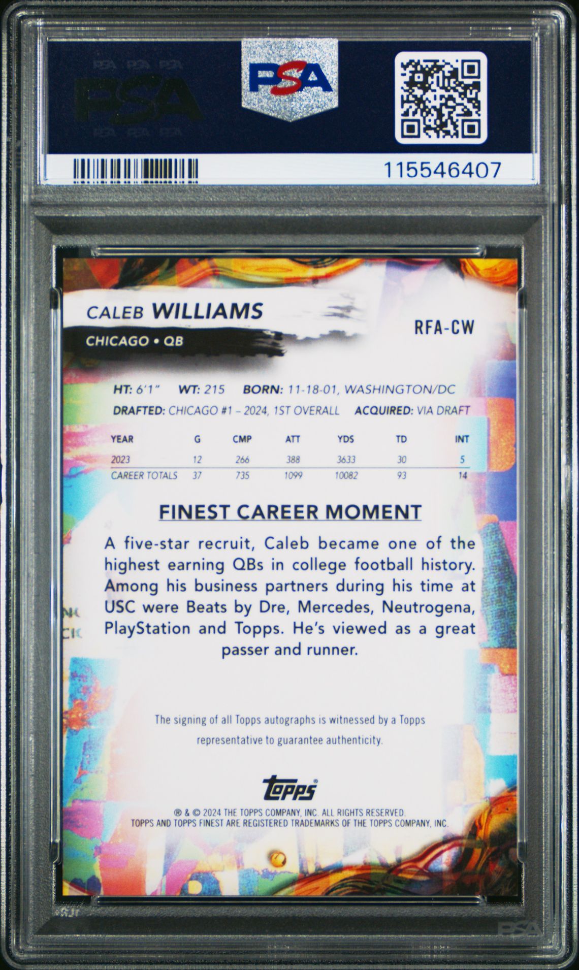 2024 Topps Finest Rookie Finest Autographs Caleb Williams #Rfacw Gem Mt 10 back