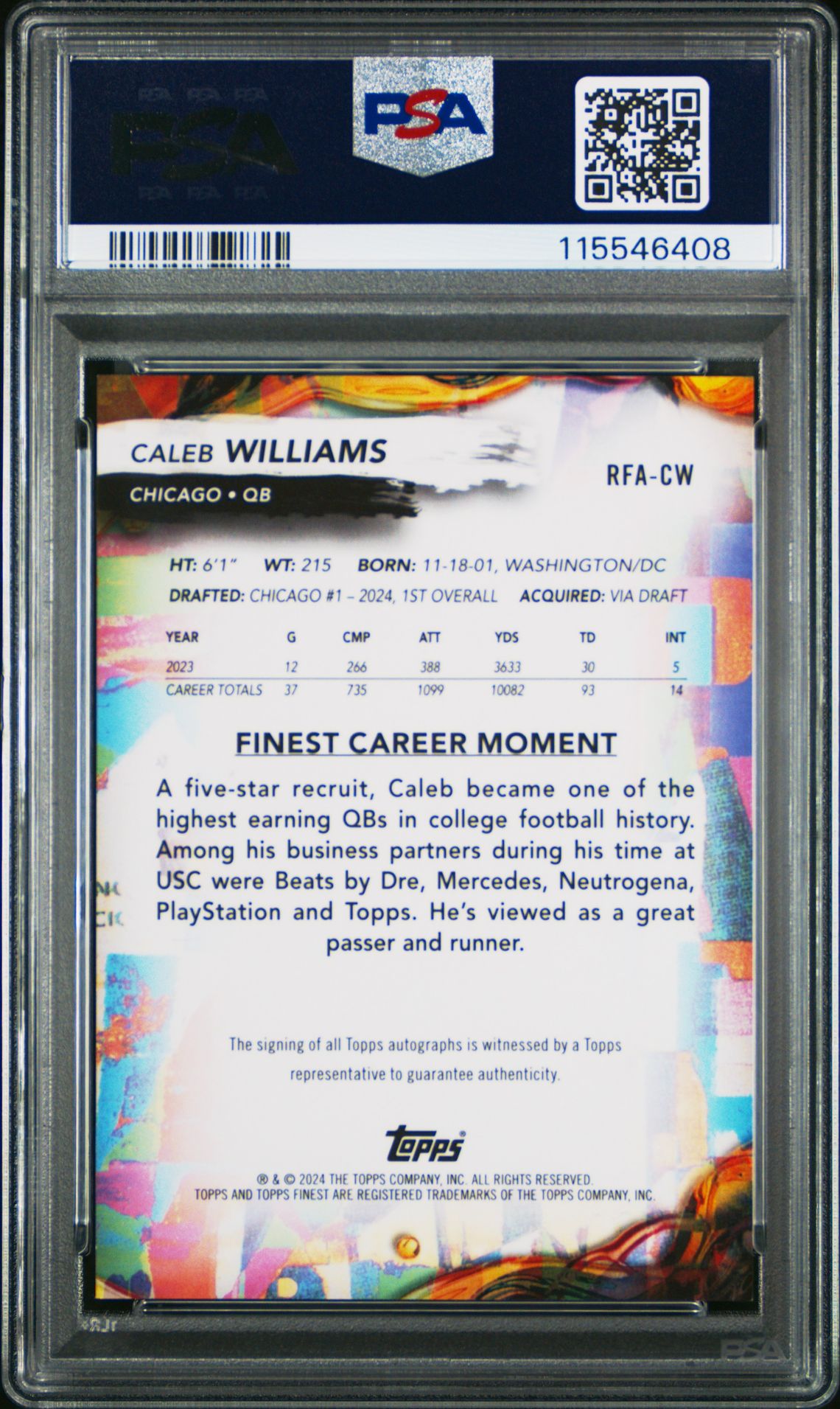 2024 Topps Finest Rookie Finest Autographs Caleb Williams #Rfacw Gem Mt 10 back