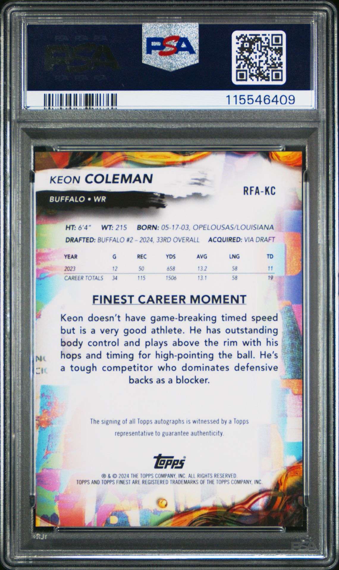 2024 Topps Finest Rookie Finest Autographs Keon Coleman #Rfakc (Rk Finest Auto-Blue Chkbd) Mint 9 back