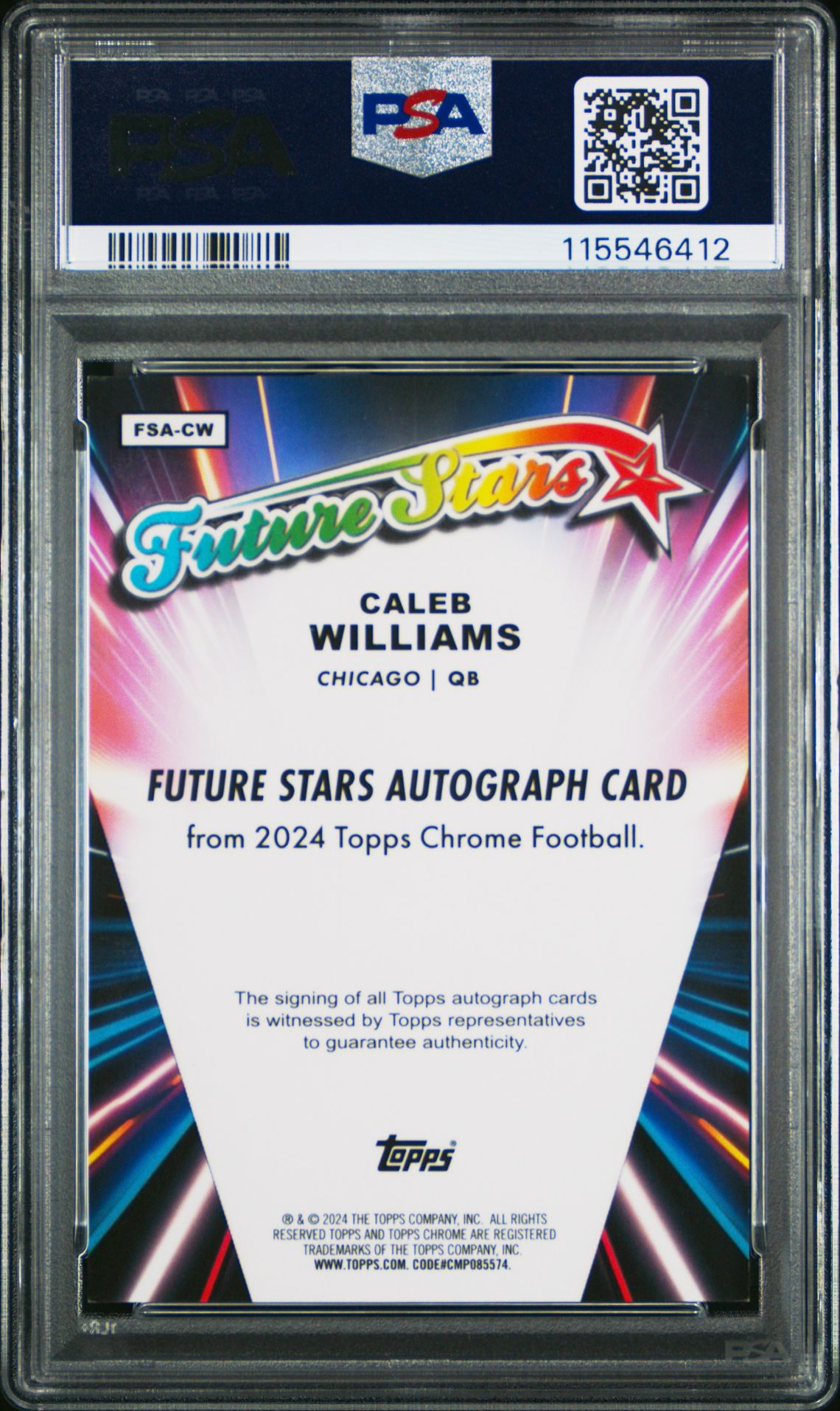 2024 Topps Chrome Future Stars Autographs Caleb Williams #Fsacw (Future Stars Auto-Blue Ref) Gem Mt 10 back