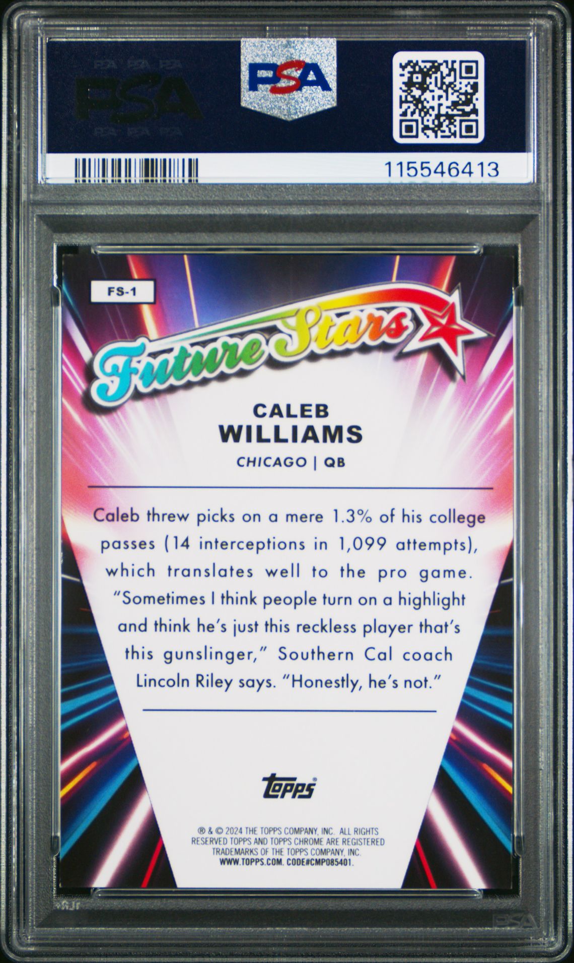 2024 Topps Chrome Future Stars Caleb Williams #Fs1 (Future Stars-Orange Ref) Mint 9 back