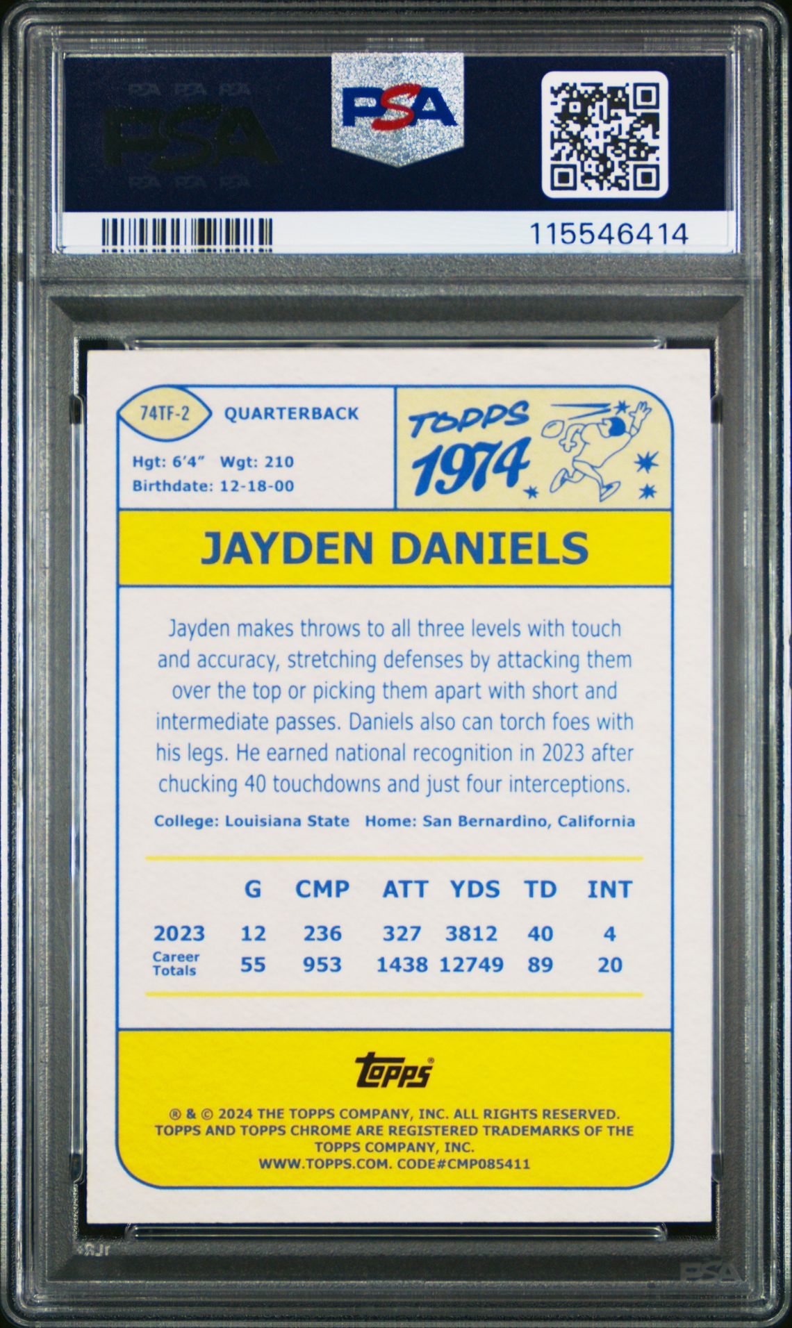 2024 Topps Chrome 1974 Topps Football Jayden Daniels #74Tf2 ('74 Tps Football-X-Fractor) Mint 9 back