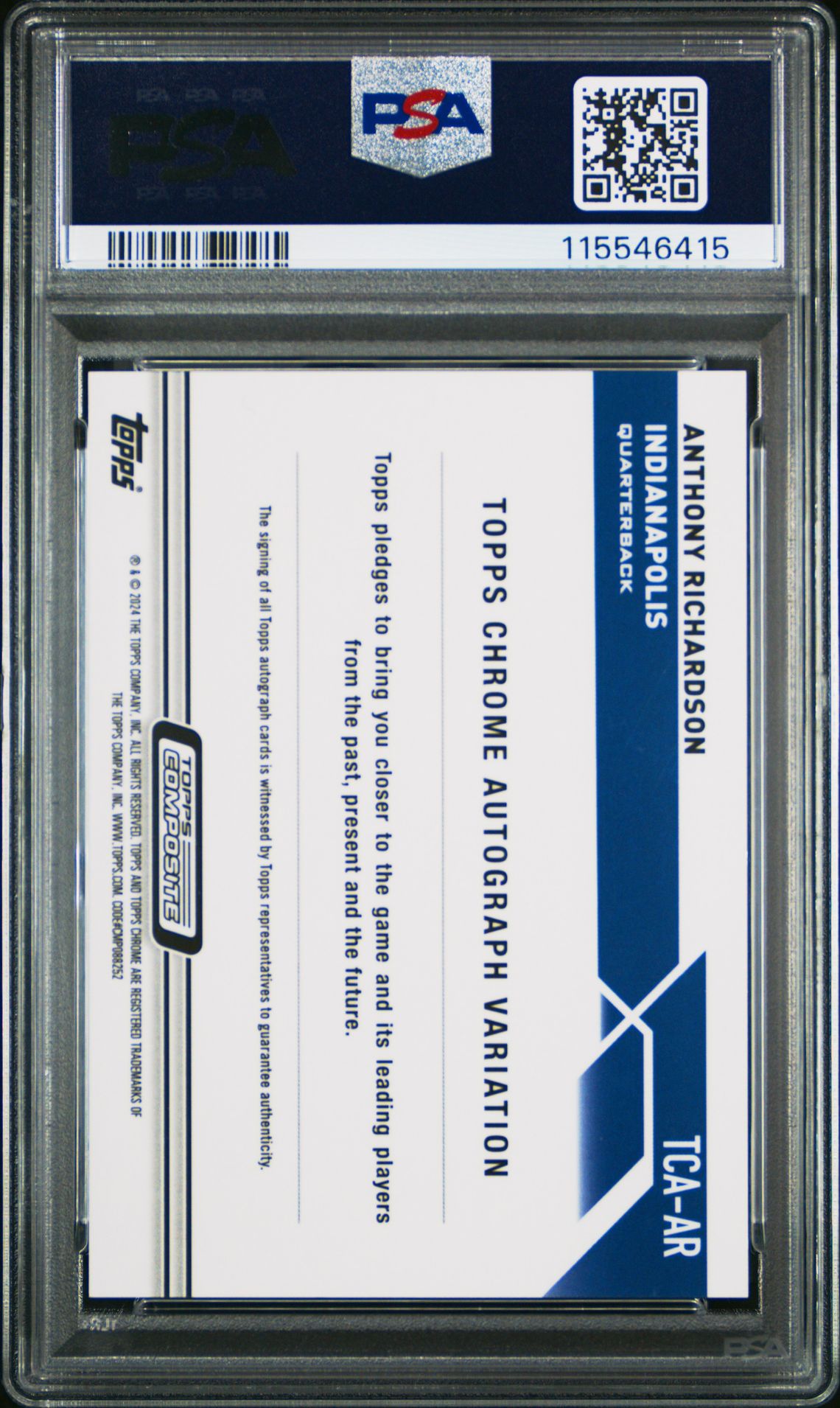 2023 Topps Composite Topps Chrome Autographs Anthony Richardson #Tcaar (Chrome Auto-Green Ref) Gem Mt 10 back