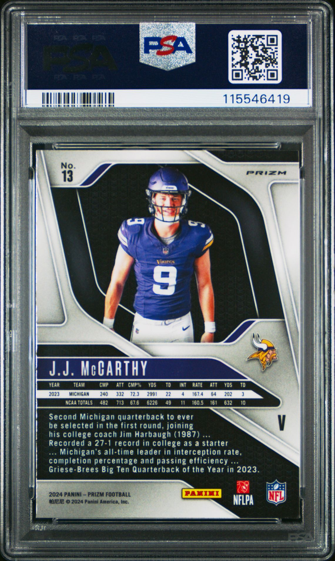 2024 Panini Prizm Rookie Variation Jj Mccarthy #13 Gem Mt 10 back