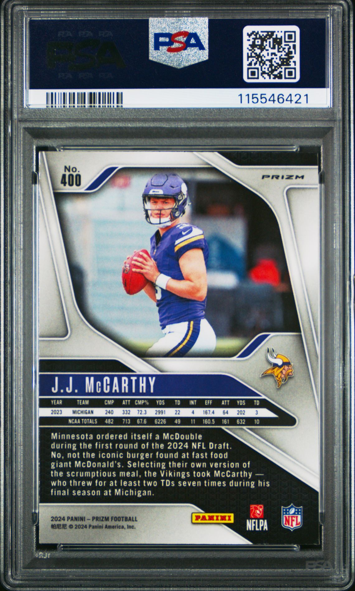 2024 Panini Prizm Jj Mccarthy #400 (Silver Prizm) Mint 9 back