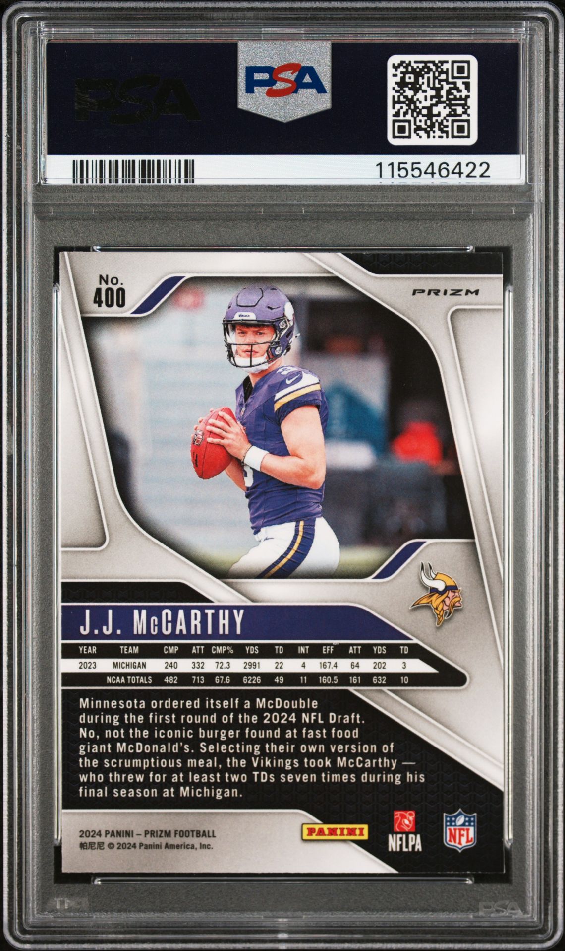 2024 Panini Prizm Jj Mccarthy #400 (Silver Prizm) Gem Mt 10 back