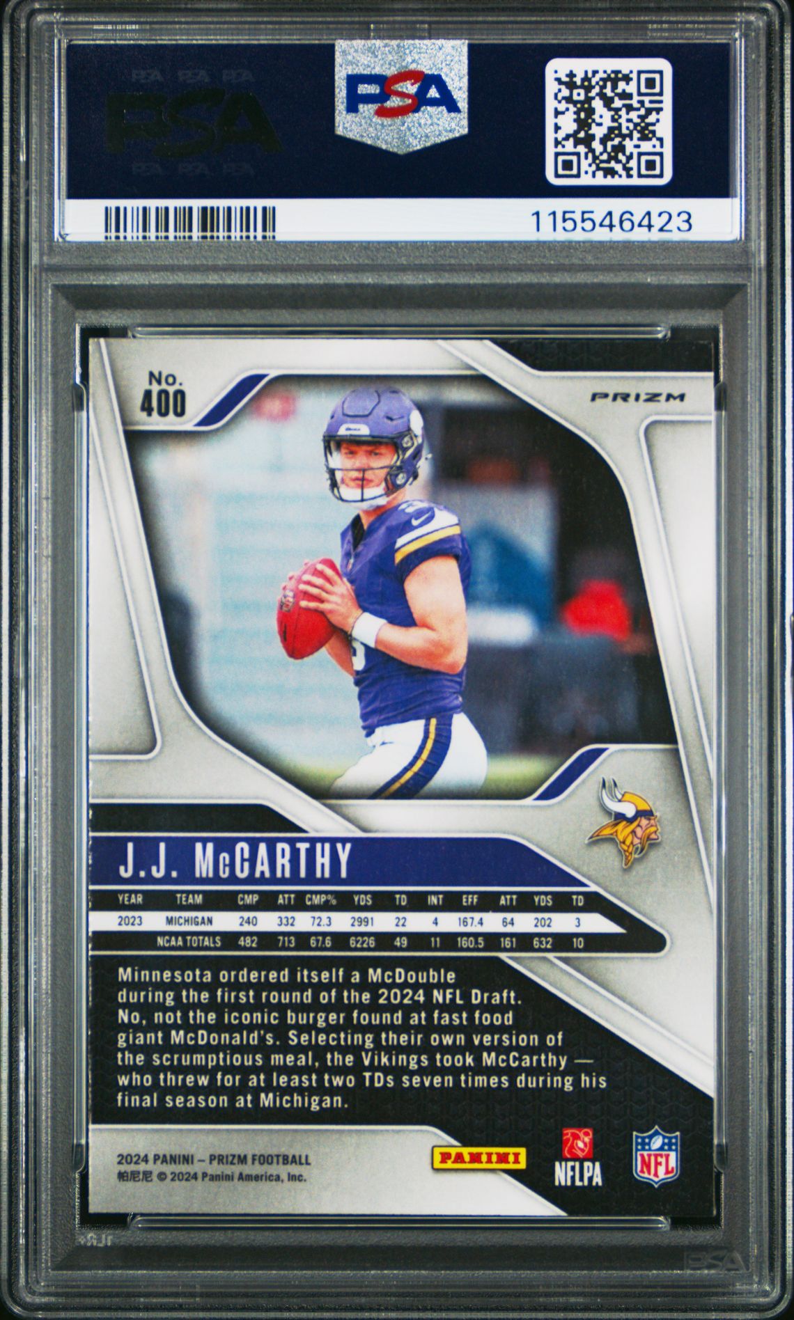 2024 Panini Prizm Jj Mccarthy #400 (Green Wave) Gem Mt 10 back