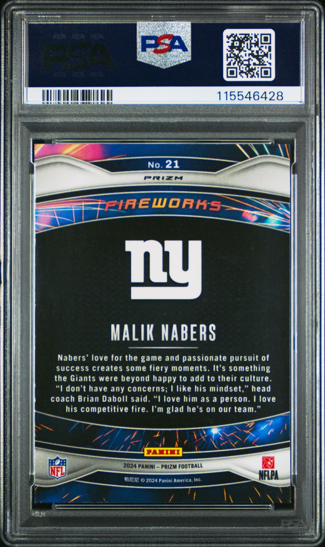 2024 Panini Prizm Fireworks Malik Nabers #21 (Fireworks-Green Ice) Gem Mt 10 back