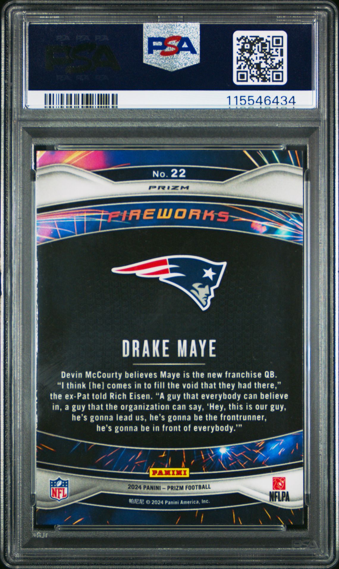 2024 Panini Prizm Fireworks Drake Maye #22 (Fireworks-Green Prizm) Gem Mt 10 back