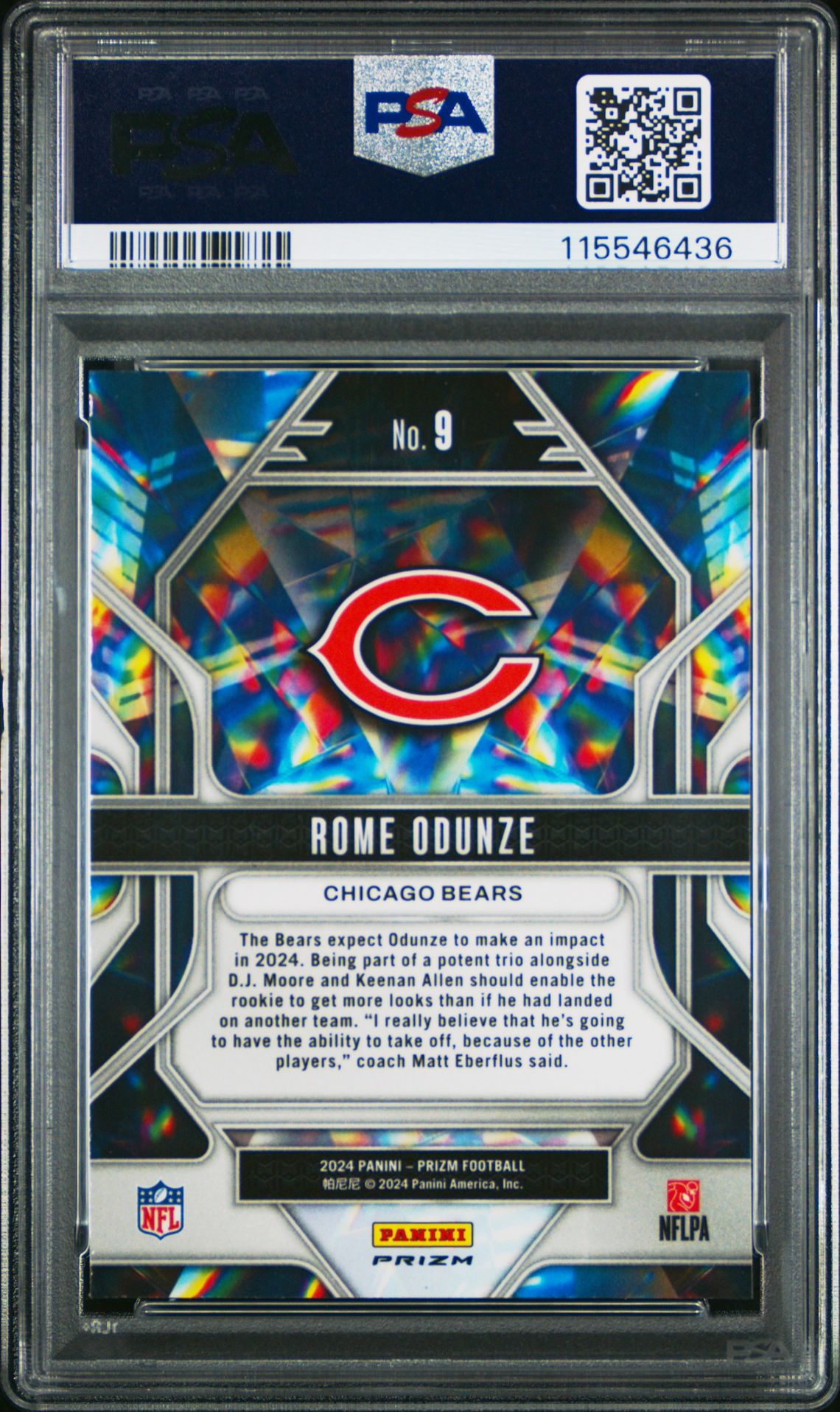 2024 Panini Prizm Prizmatic Rome Odunze #9 (Prizmatic-Green Wave) Gem Mt 10 back