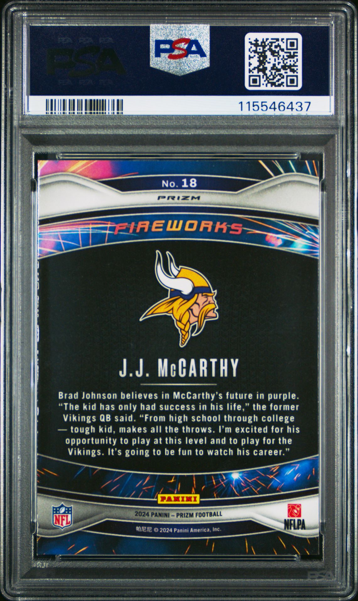 2024 Panini Prizm Fireworks Jj Mccarthy #18 (Fireworks-Green Ice) Gem Mt 10 back
