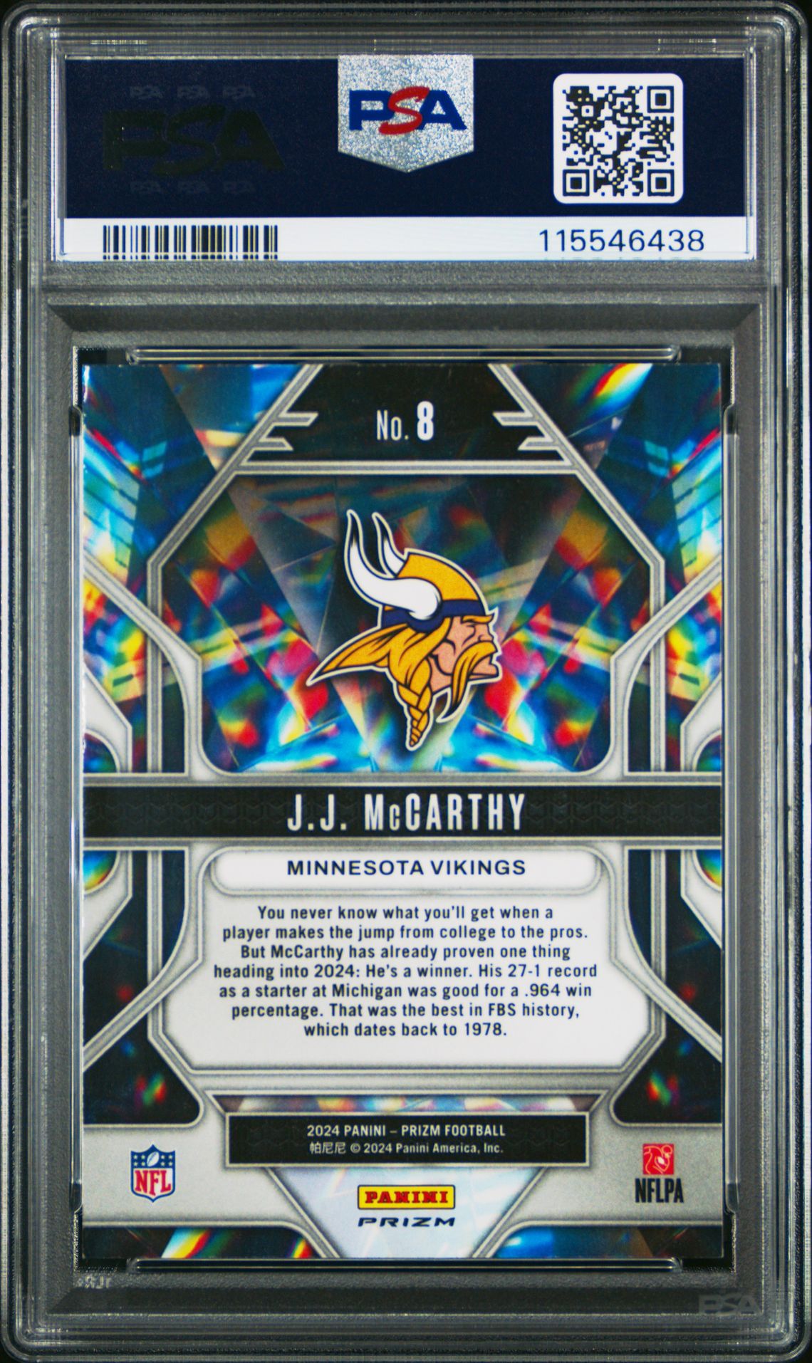 2024 Panini Prizm Prizmatic Jj Mccarthy #8 (Prizmatic-Green Prizm) Gem Mt 10 back