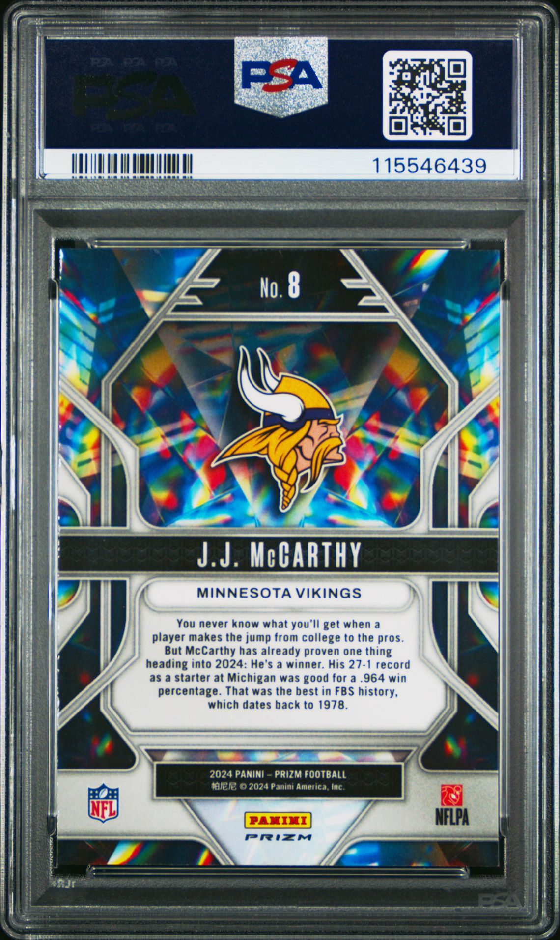 2024 Panini Prizm Prizmatic Jj Mccarthy #8 (Prizmatic-Green Wave) Gem Mt 10 back