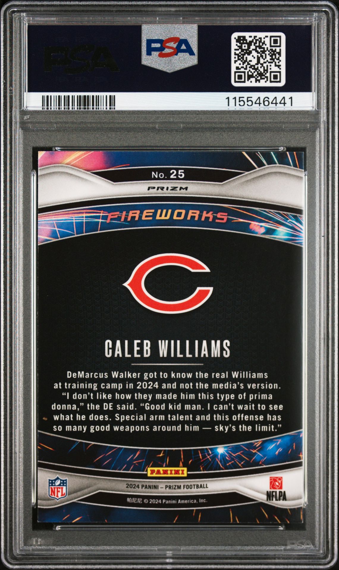 2024 Panini Prizm Fireworks Caleb Williams #25 (Fireworks-Green Prizm) Mint 9 back