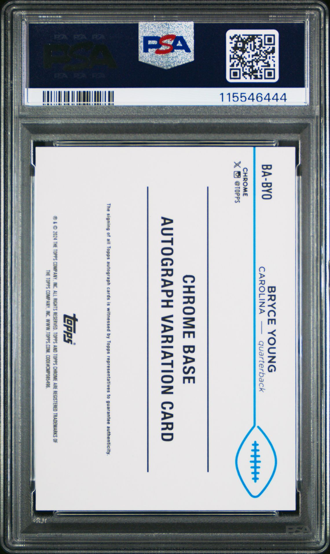 2024 Topps Chrome Base Autographs Variations Bryce Young #Babyo (Auto Variation-Aqua Sonar) Gem Mt 10 back