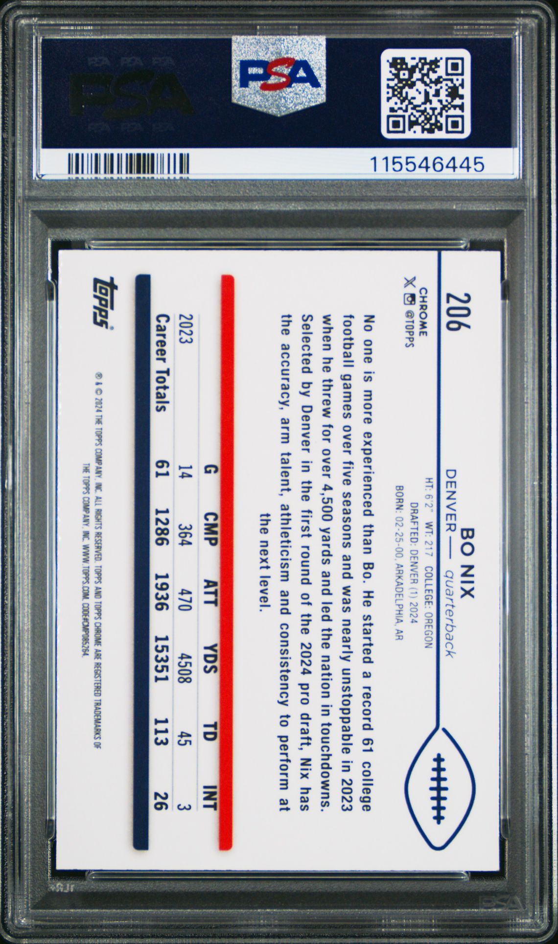 2024 Topps Chrome Bo Nix #206 (Pink Refractor) Mint 9 back