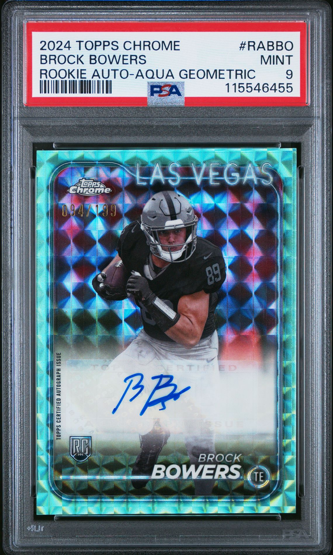 2024 Topps Chrome Rookie Autographs Variations Brock Bowers #Rabbo (Rookie Auto-Aqua Geometric) Mint 9 front