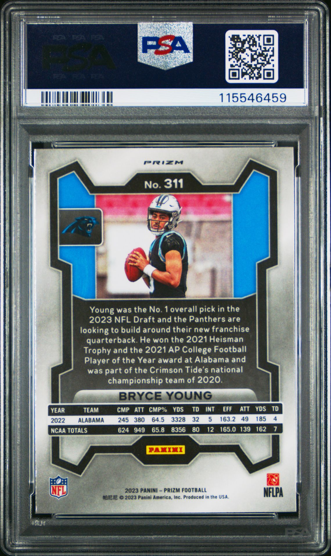2023 Panini Prizm Bryce Young #311 (Pink Prizm) Mint 9 back