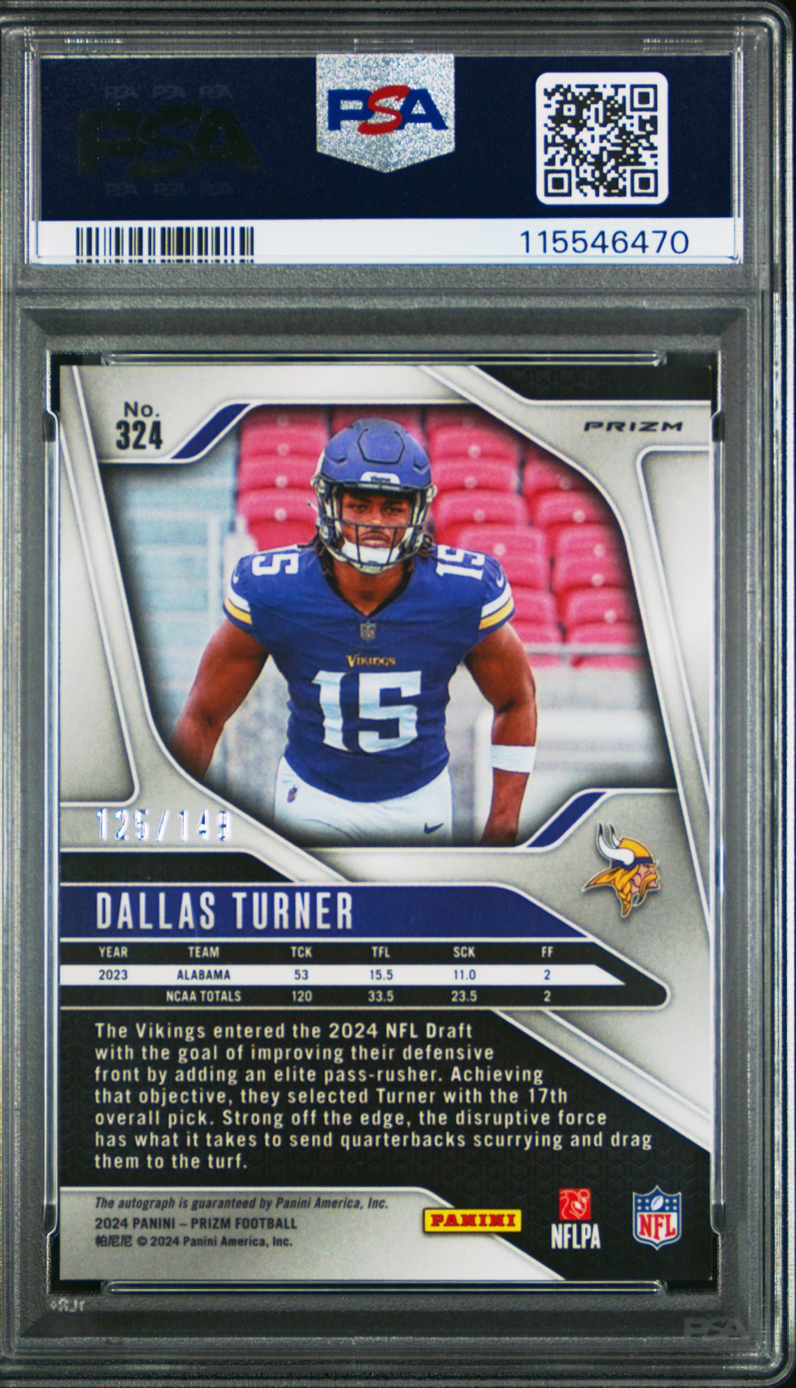 2024 Panini Prizm Dallas Turner #324 (Autograph-Red Wave) Mint 9 back