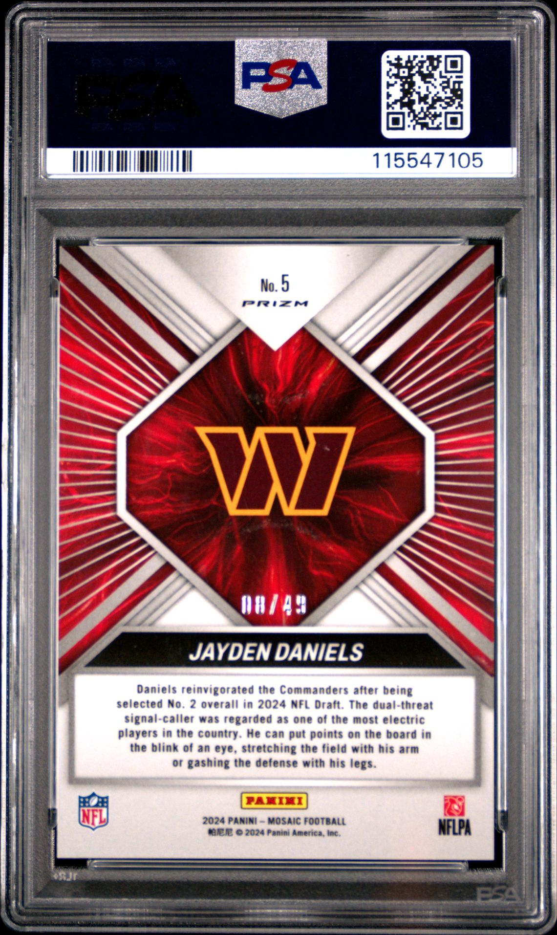 2024 Panini Mosaic Overdrive Jayden Daniels #5 (Overdrive-Purple) Gem Mt 10 back