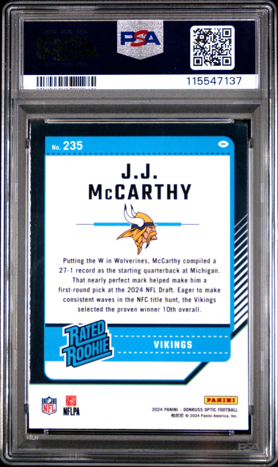 2024 Panini Donruss Optic Jj Mccarthy #235 Mint 9 back