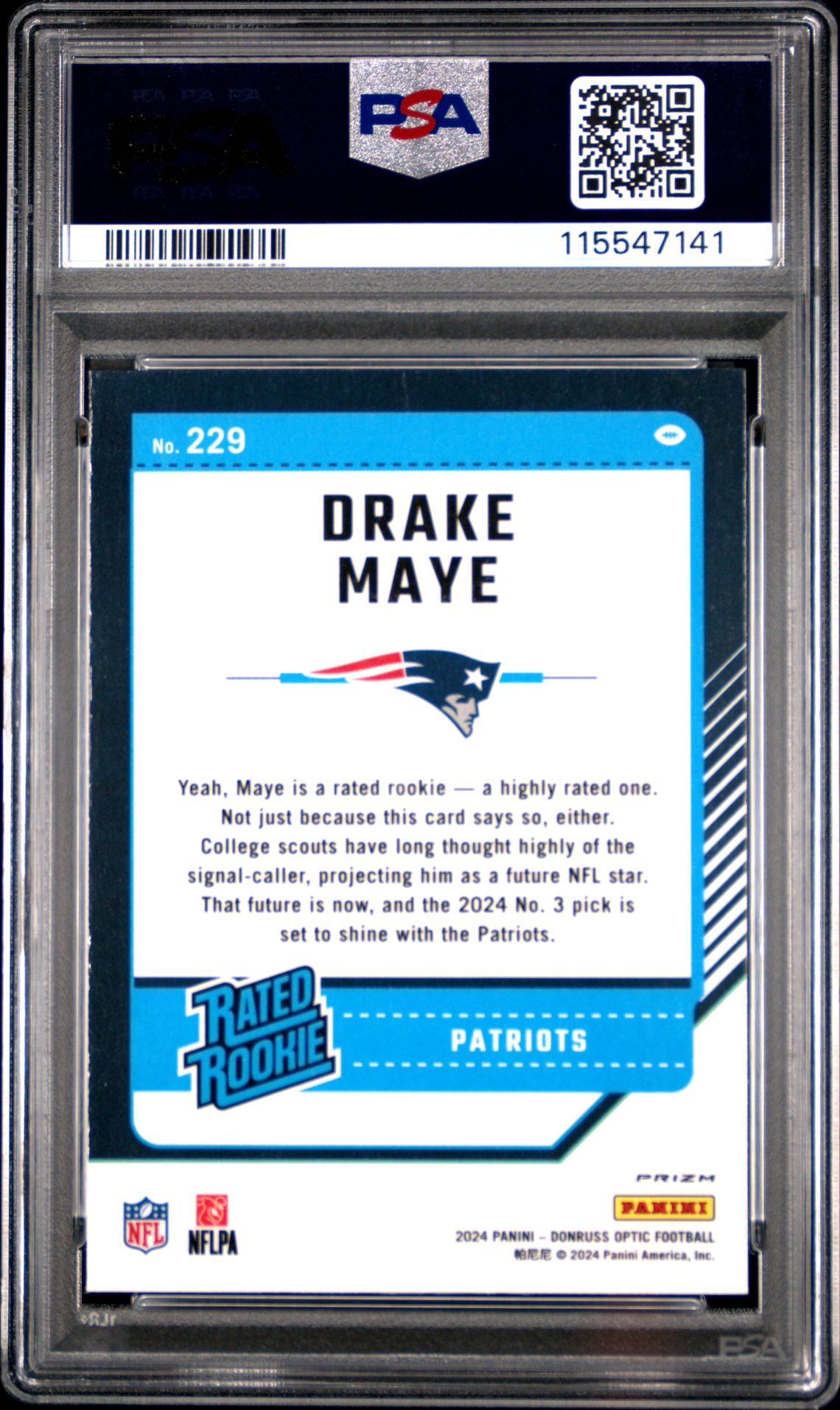 2024 Panini Donruss Optic Drake Maye #229 (Holo) Gem Mt 10 back view - PSA certificate #115547141