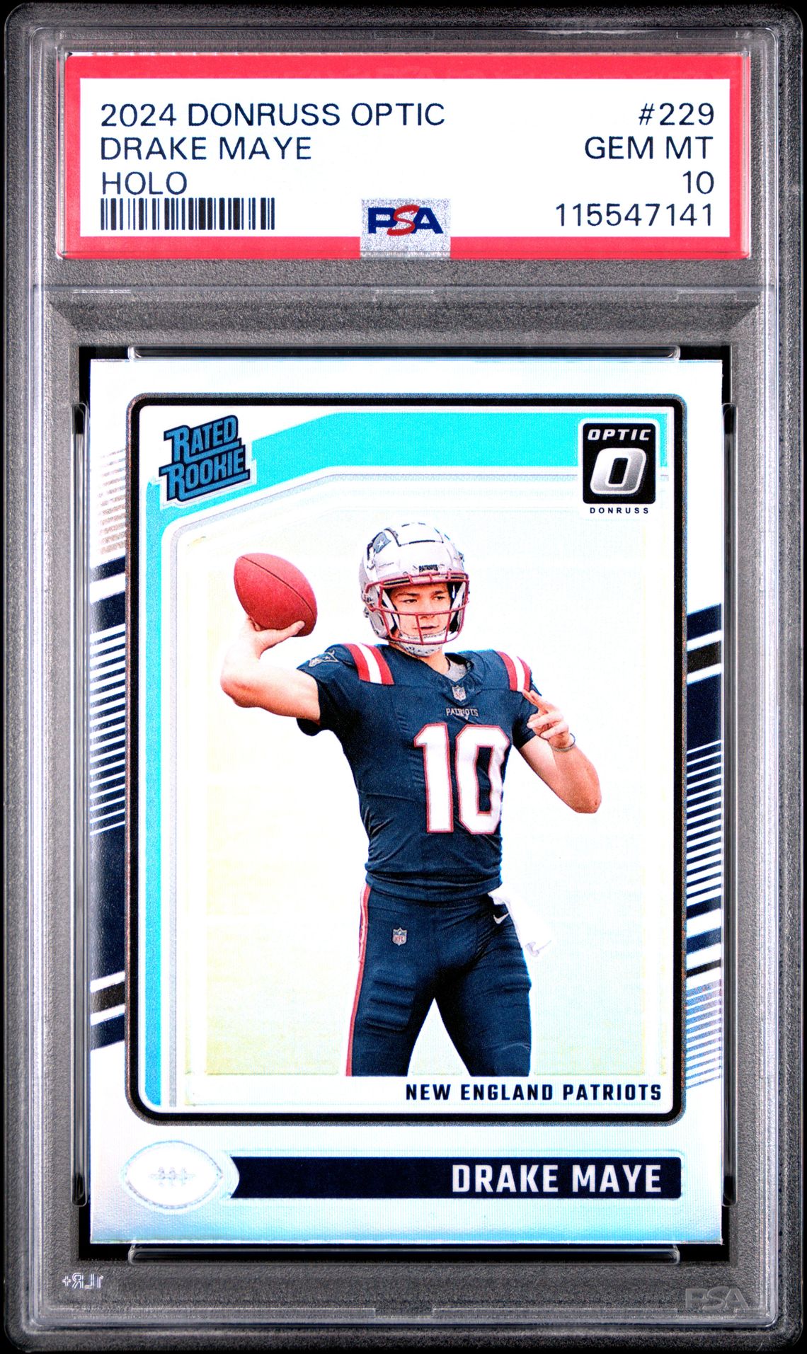 2024 Panini Donruss Optic Drake Maye #229 (Holo) Gem Mt 10 front view - PSA graded GEM MT 10