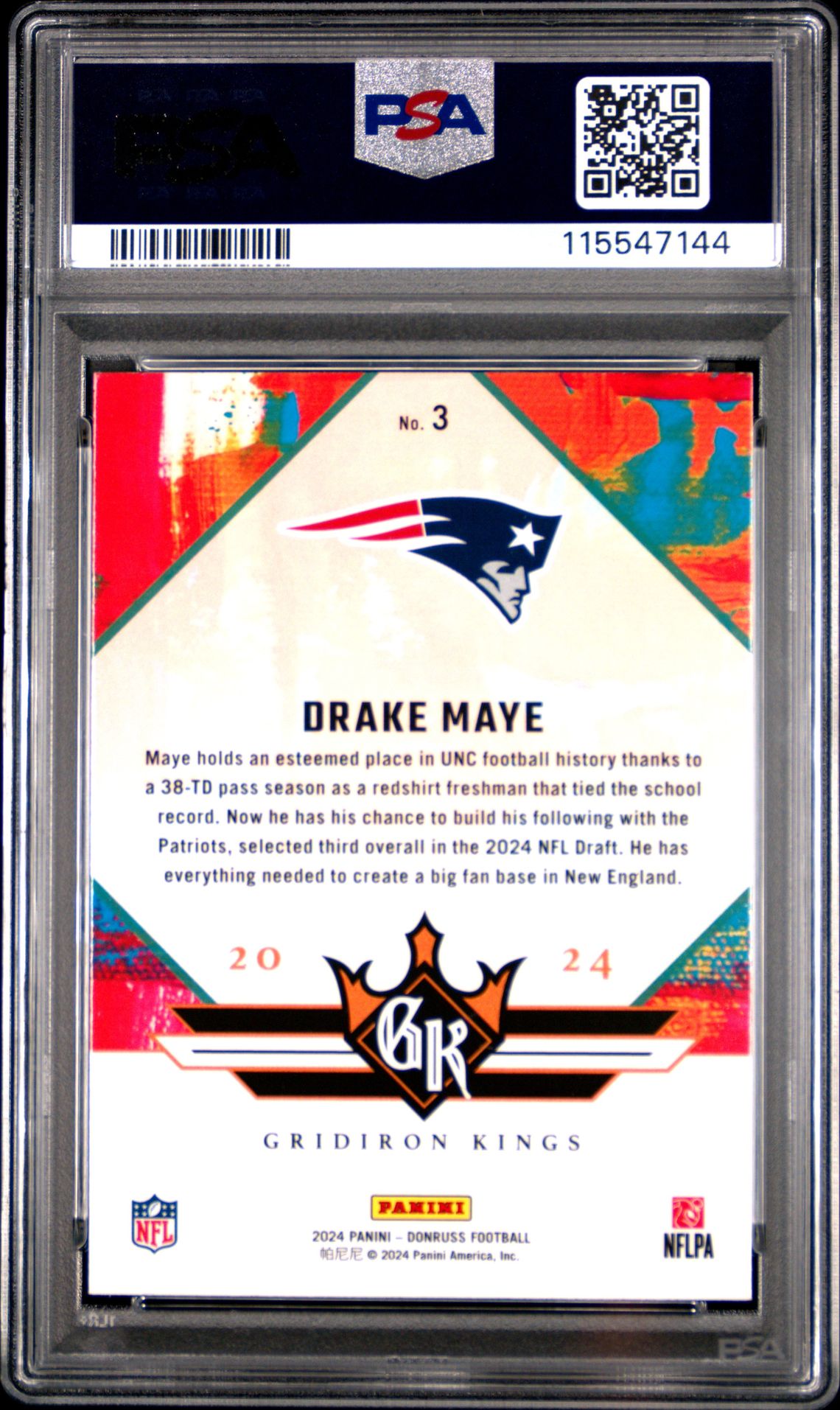 2024 Panini Donruss Rookie Gridiron Kings Drake Maye #3 Mint 9 back