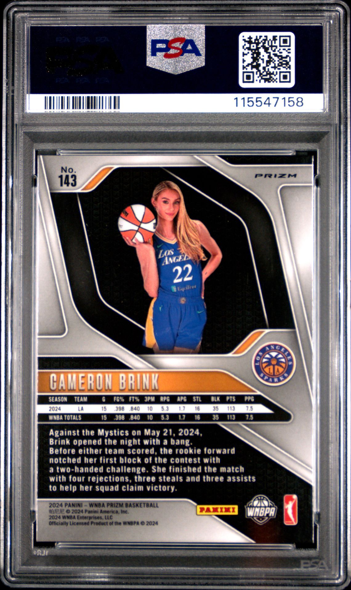 2024 Panini Prizm Wnba Cameron Brink #143 (Blue Velocity) Mint 9 back