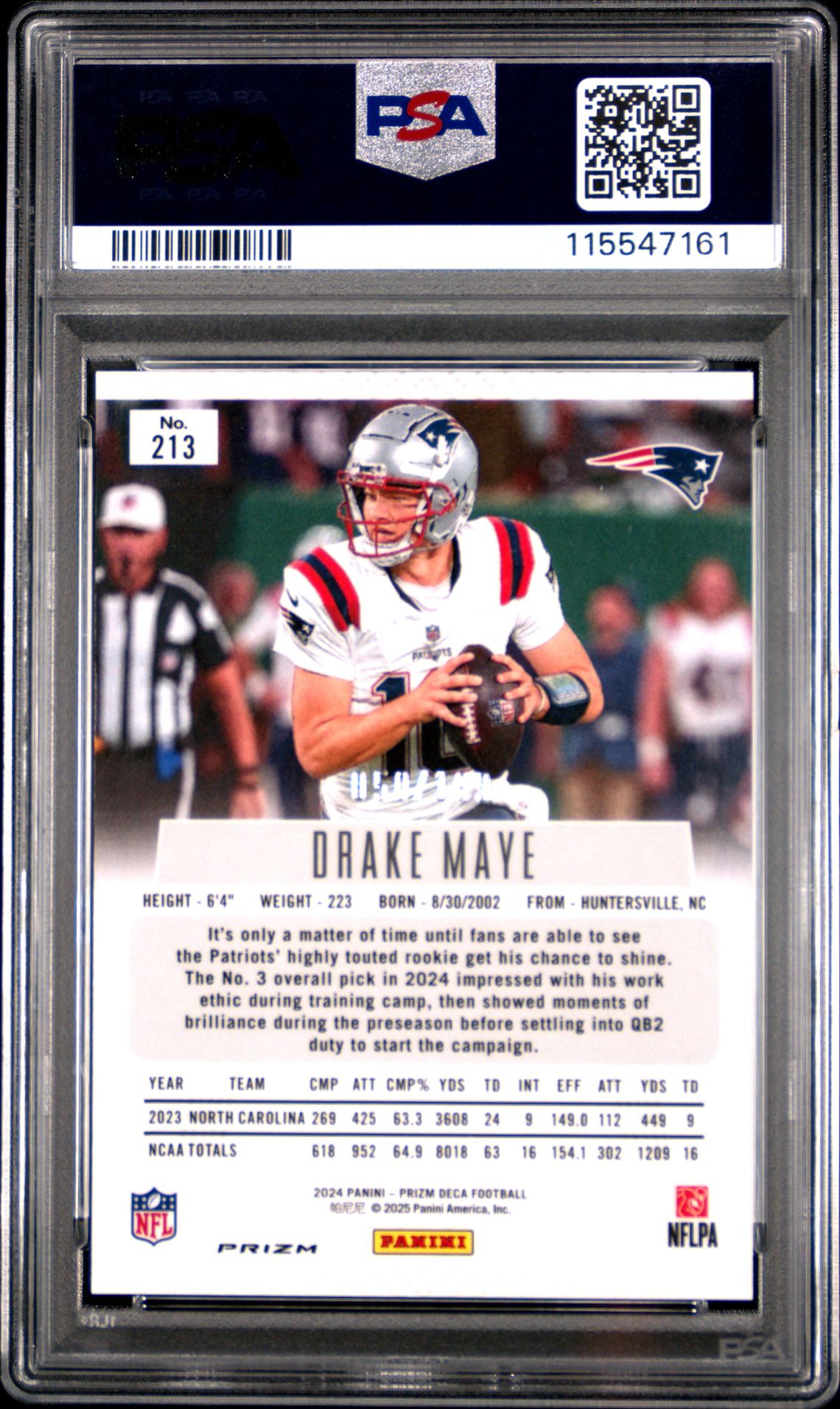 2024 Panini Prizm Deca Drake Maye #213 (Red Prizm) Gem Mt 10 back