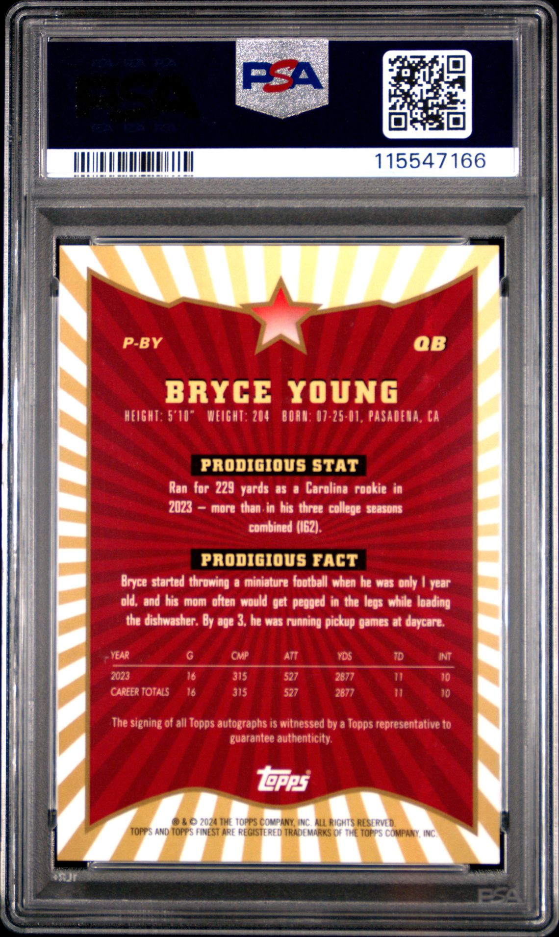 2024 Topps Finest Prodigies Autographs Bryce Young #Pby Gem Mt 10 back