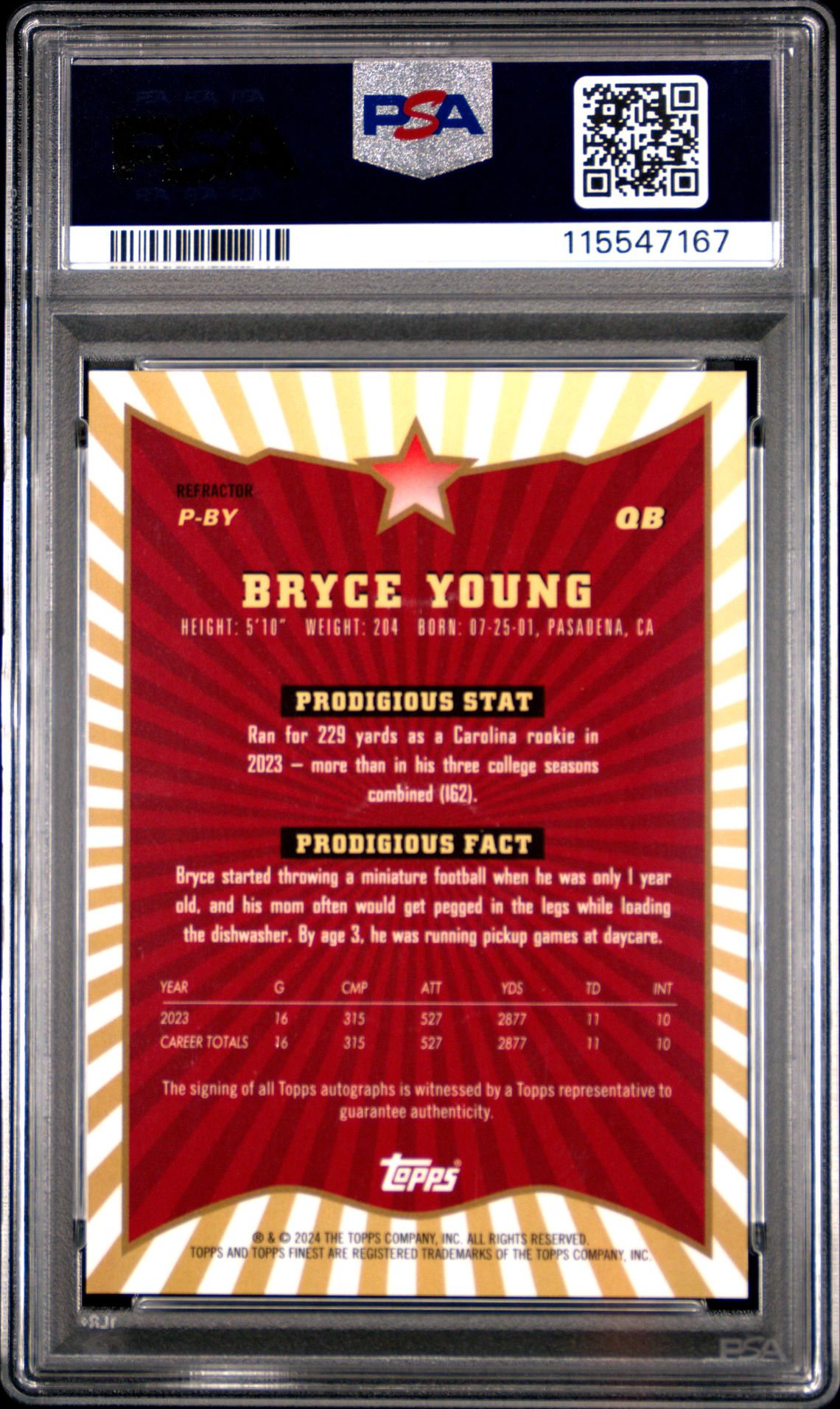2024 Topps Finest Prodigies Autographs Bryce Young #Pby (Prodigies Auto-Refractor) Gem Mt 10 back