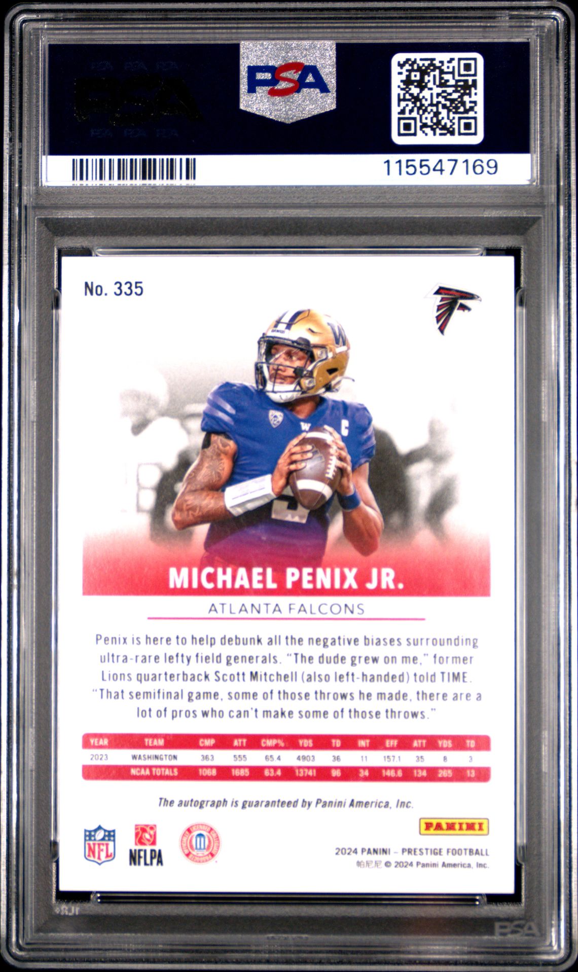 2024 Panini Prestige Michael Penix Jr #335 (Xtra Points Premium-Sig) Mint 9 back