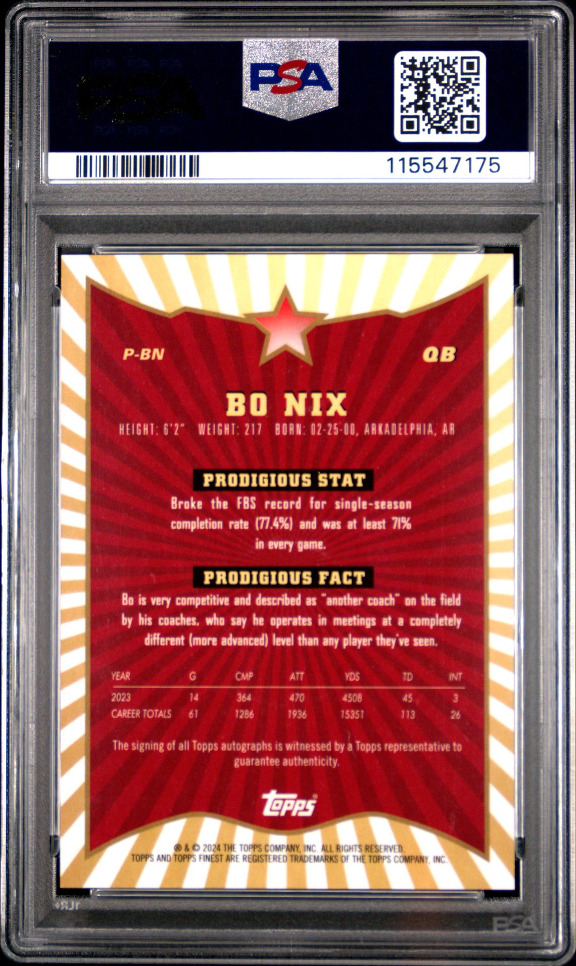 2024 Topps Finest Prodigies Autographs Bo Nix #Pbn Gem Mt 10 back