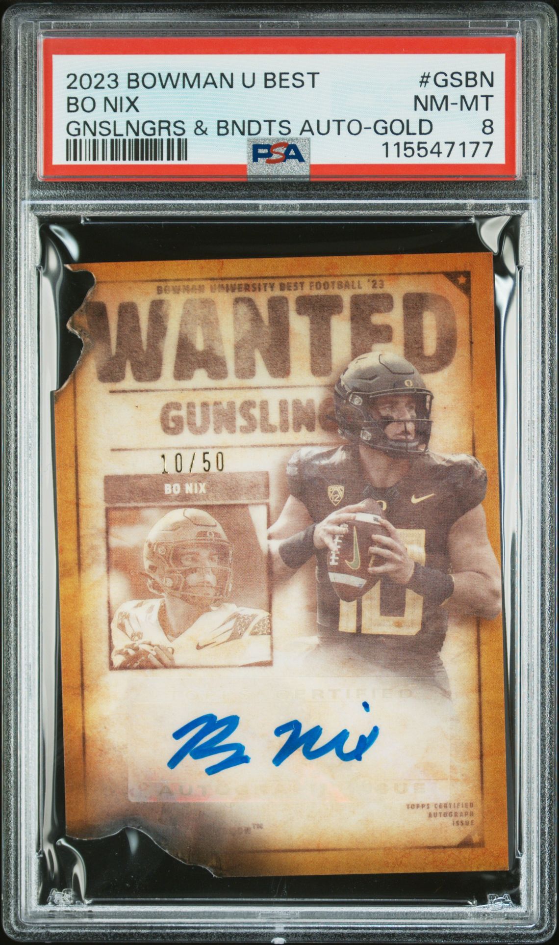 2023 Bowman University Best Gunslingers & Bandits Autographs Bo Nix #Gsbn (Gnslngrs & Bndts Auto-Gold) Nm-Mt 8 front