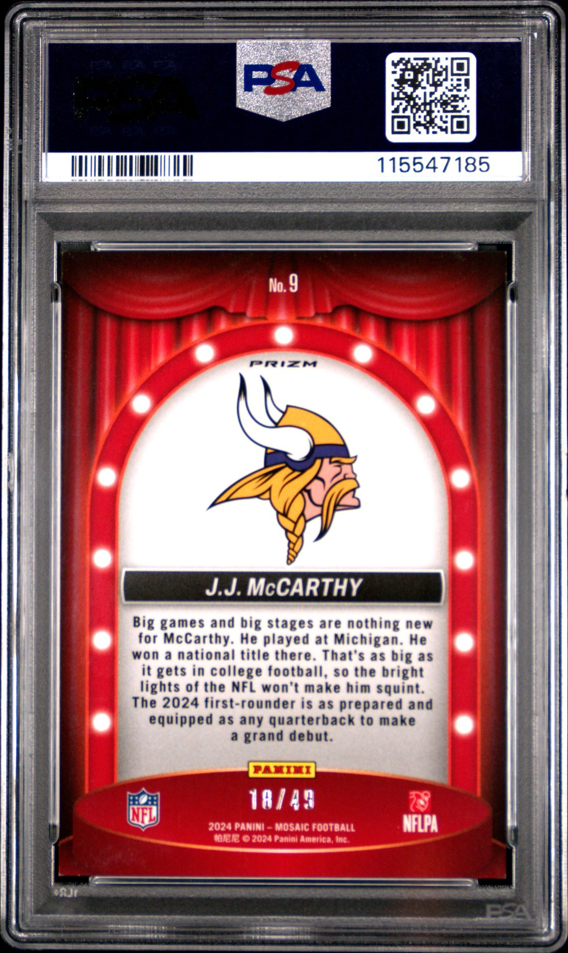 2024 Panini Mosaic Center Stage Jj Mccarthy #9 (Center Stage-Purple) Mint 9 back