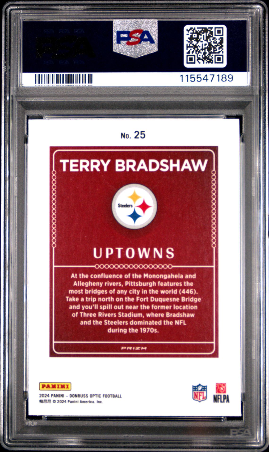 2024 Panini Donruss Optic Uptowns Terry Bradshaw #25 Gem Mt 10 back