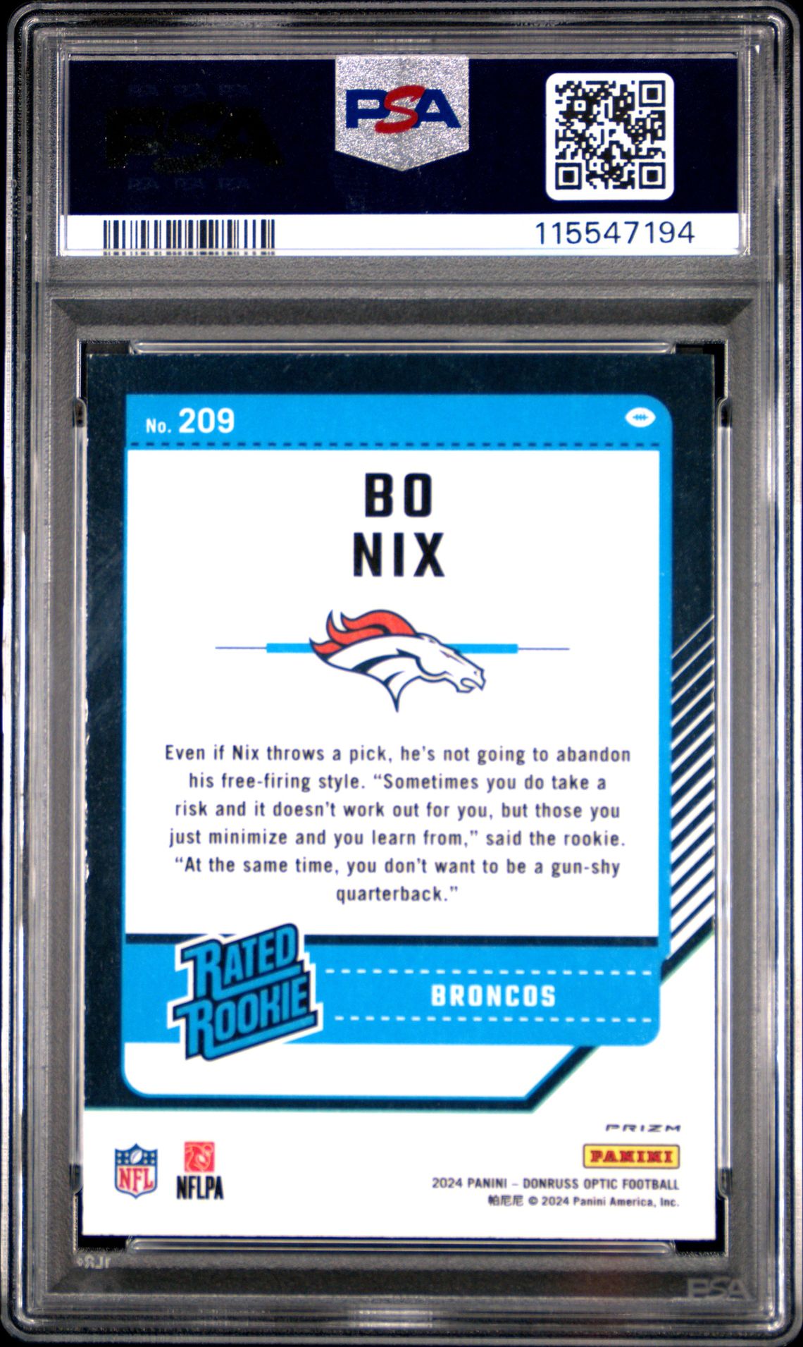 2024 Panini Donruss Optic Bo Nix #209 (Purple Shock) Mint 9 back