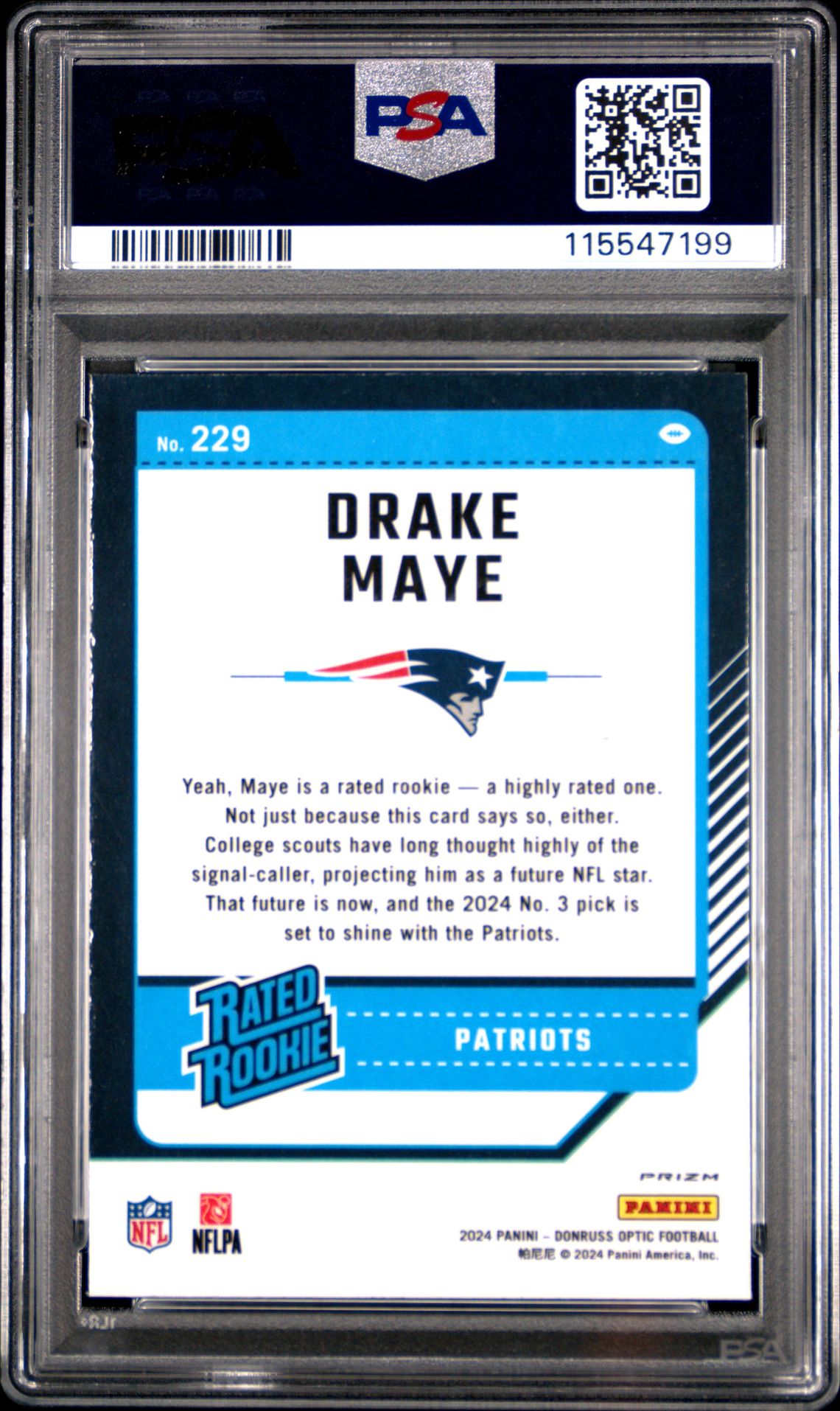 2024 Panini Donruss Optic Drake Maye #229 (Blue Hyper) Mint 9 back