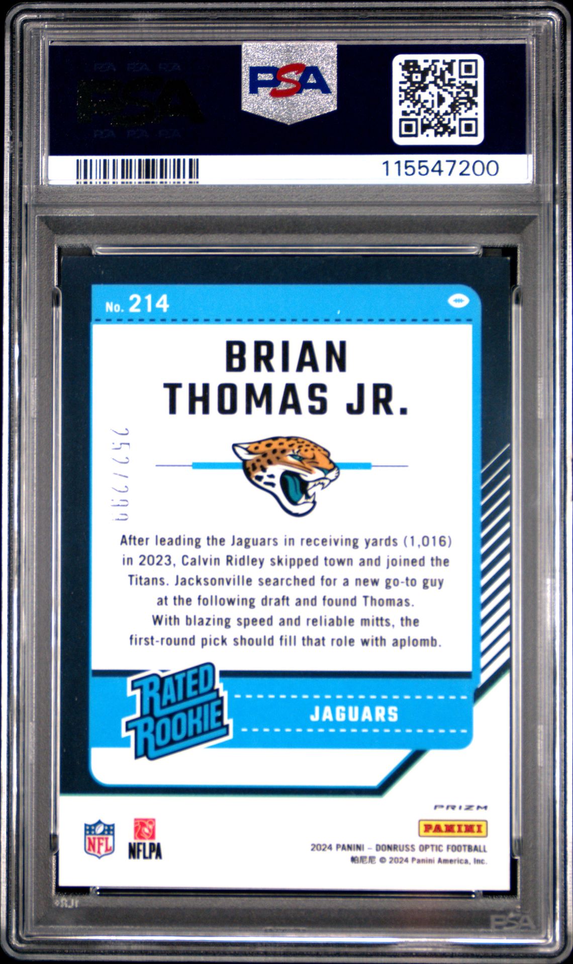2024 Panini Donruss Optic Brian Thomas Jr. #214 (Aqua) Mint 9 back
