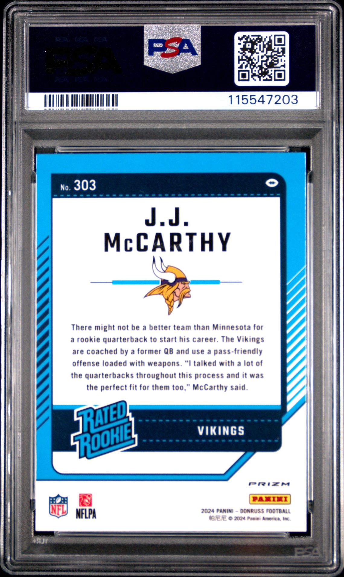 2024 Panini Donruss Jj Mccarthy #303 (Optic Preview-Pink) Gem Mt 10 back