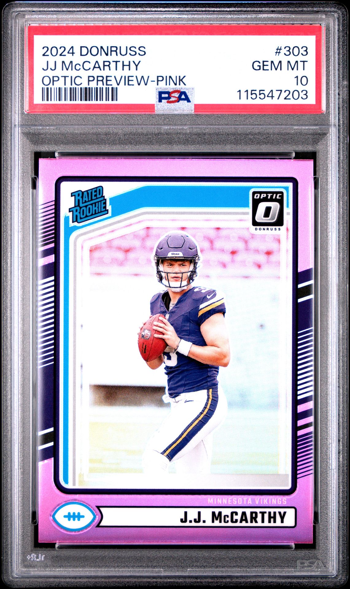 2024 Panini Donruss Jj Mccarthy #303 (Optic Preview-Pink) Gem Mt 10 front