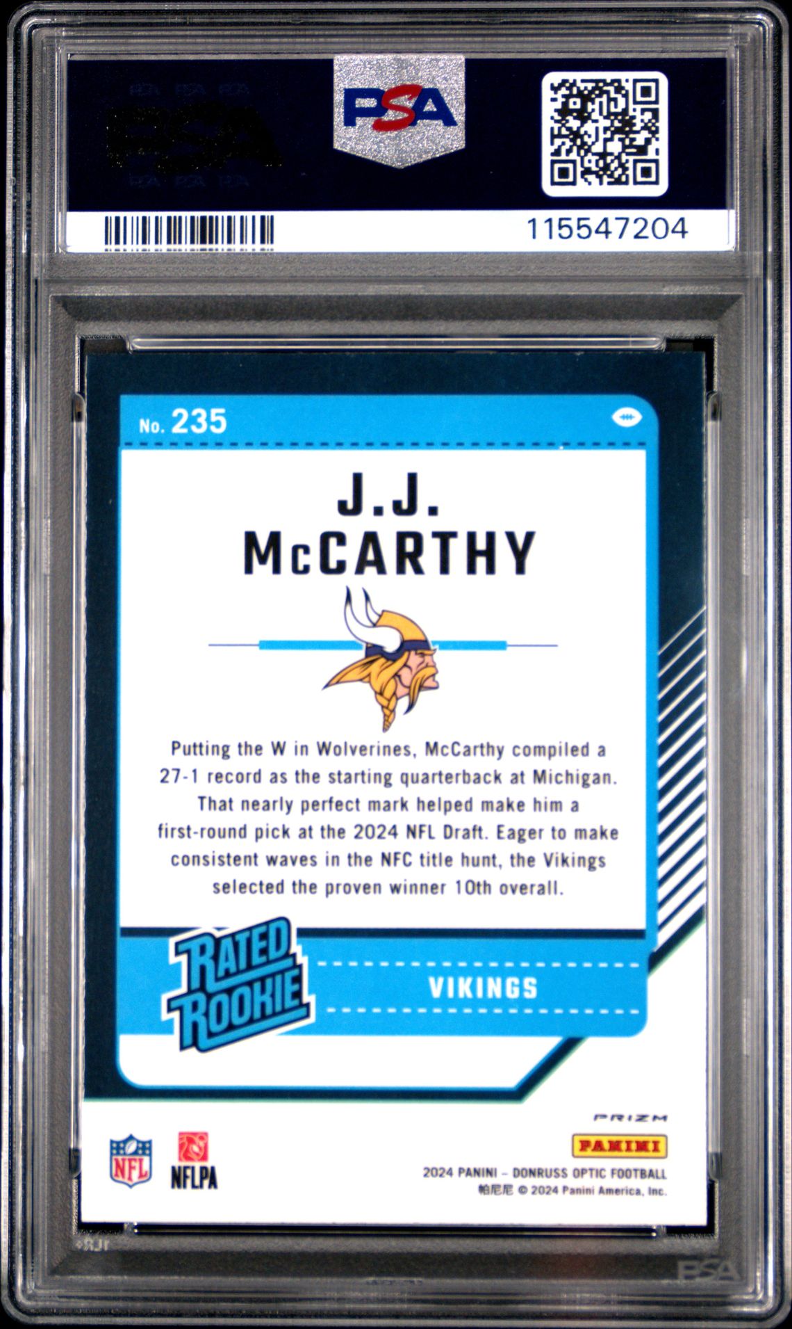 2024 Panini Donruss Optic Jj Mccarthy #235 (Purple Shock) Mint 9 back