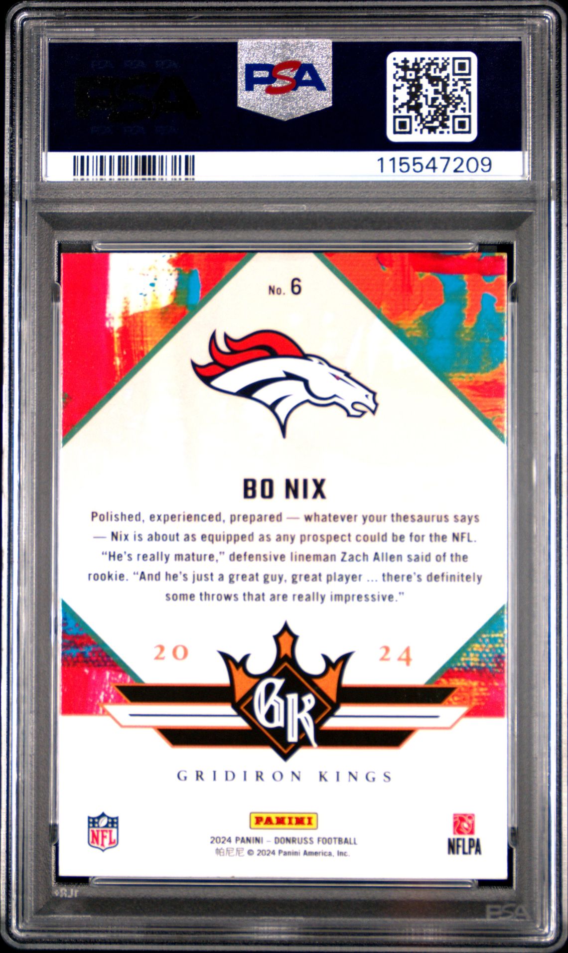 2024 Panini Donruss Rookie Gridiron Kings Bo Nix #6 Mint 9 back