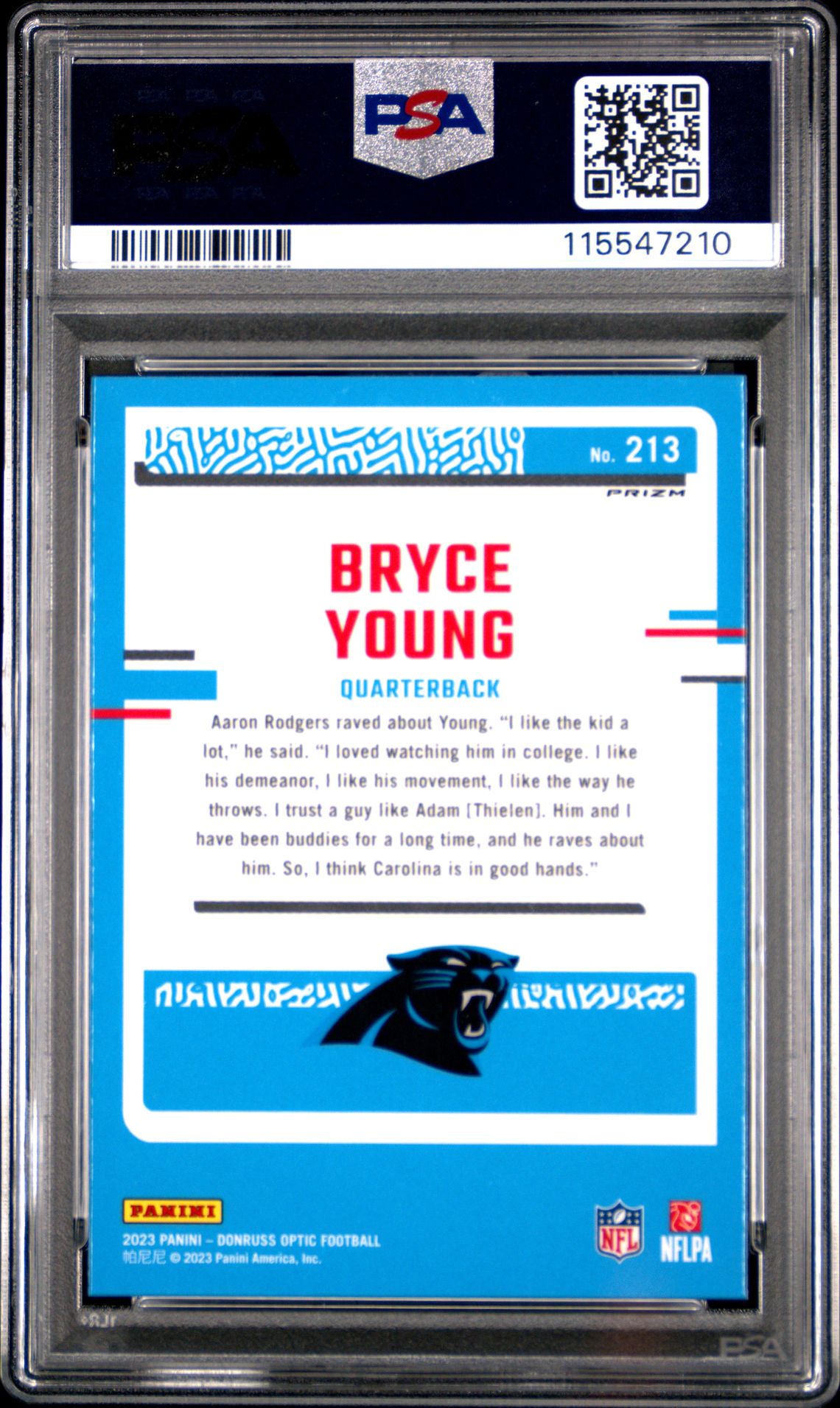 2023 Panini Donruss Optic Bryce Young #213 (Purple Shock) Gem Mt 10 back