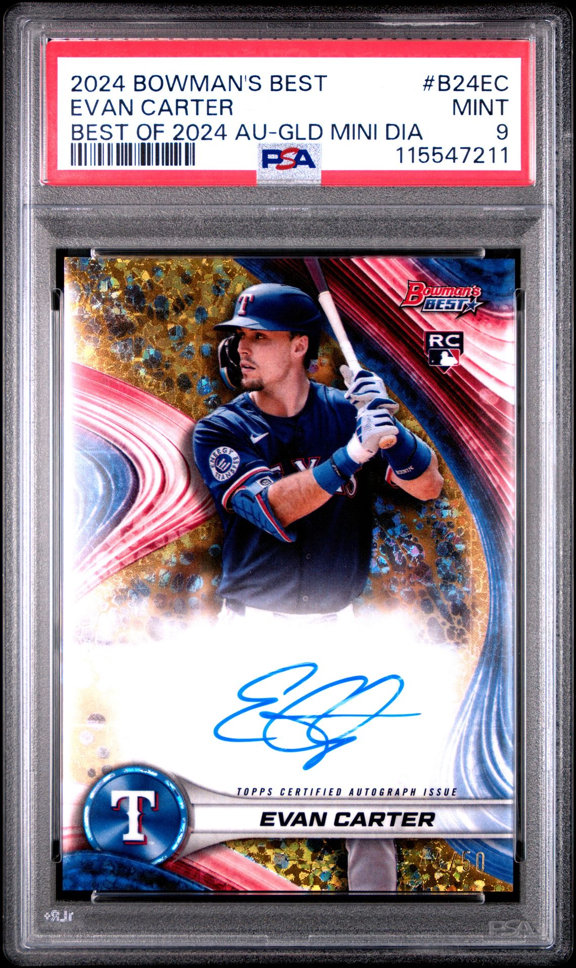 2024 Bowman's Best Best Of 2024 Autographs Evan Carter #B24Ec (Best Of 2024 Au-Gld Mini Dia) Mint 9 front