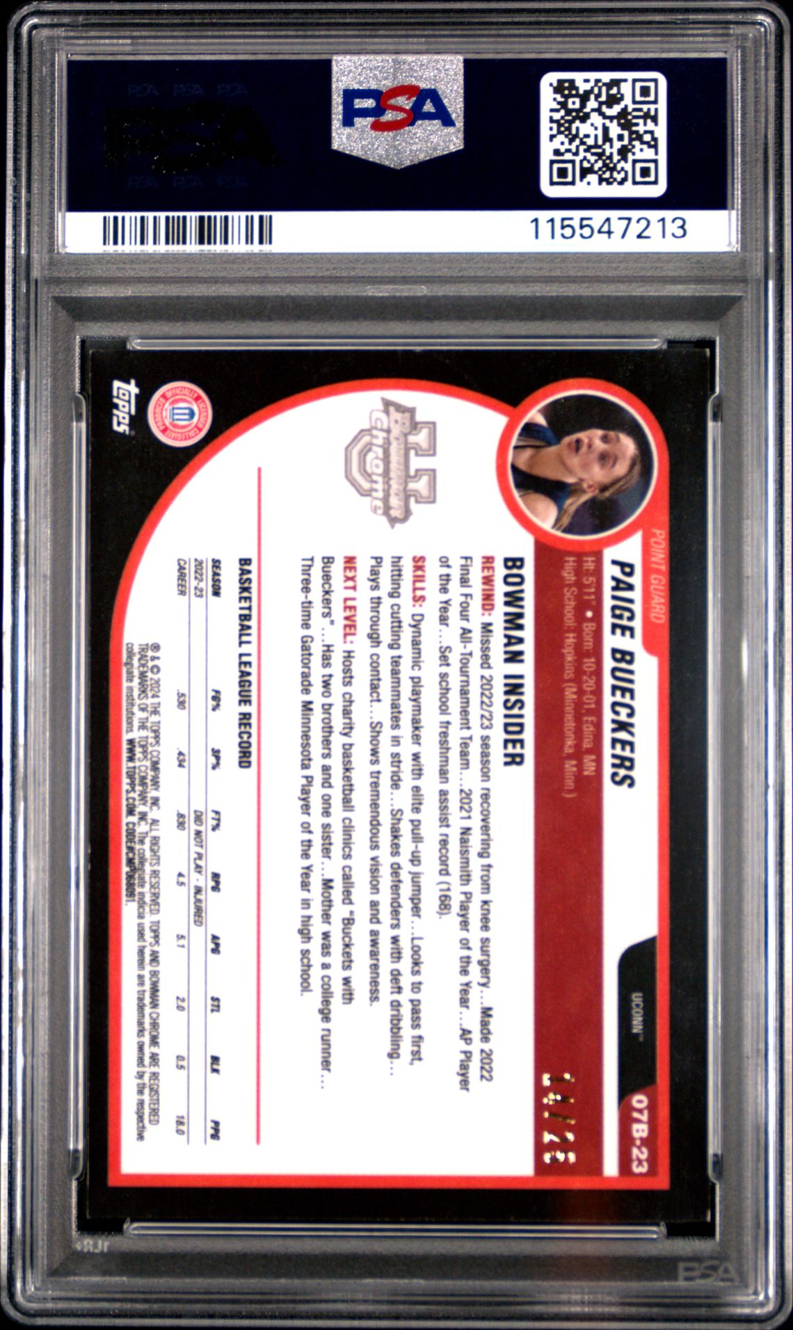 2023 Bowman University Chrome 2007-08 Bowman Paige Bueckers #07B23 (2007-08 Bowman-Orange Ref) Nm-Mt 8 back