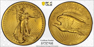 1907 $20 High Relief, Wire Edge N1