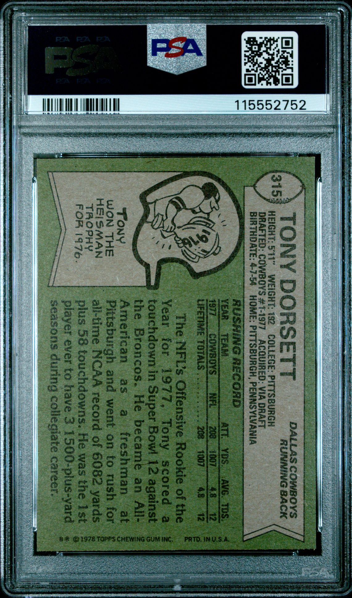 1978 Topps Tony Dorsett #315 Nm 7 back